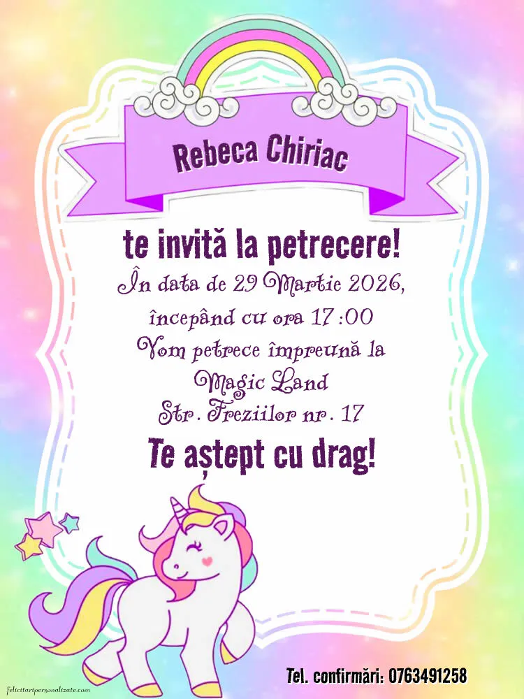 Exemplu completat: Invitație cu unicorn