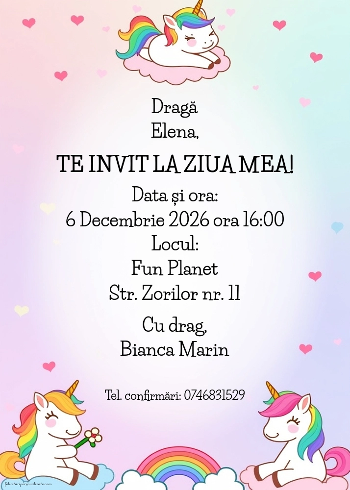 Exemplu completat: Invitație cu unicorn