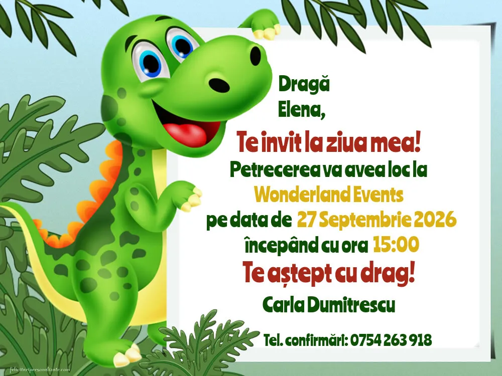 Exemplu completat: Invitație cu dinozaur