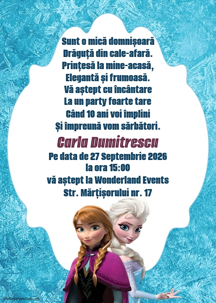 Exemplu completat: Invitație cu frozen
