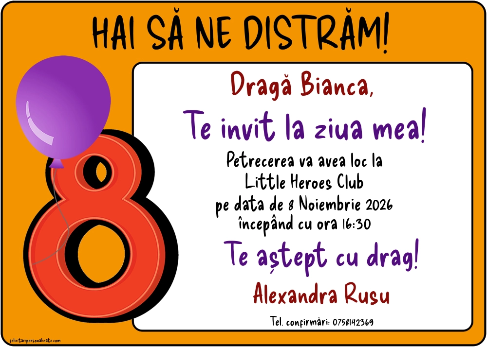 Exemplu completat: Invitație pentru 8 ani
