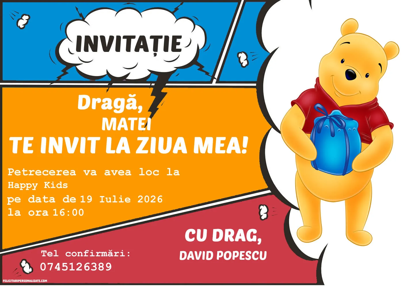 Exemplu completat: Invitație cu Winnie the Pooh