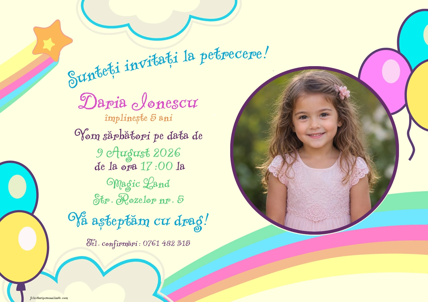 Exemplu completat: Invitație cu tema curcubeu