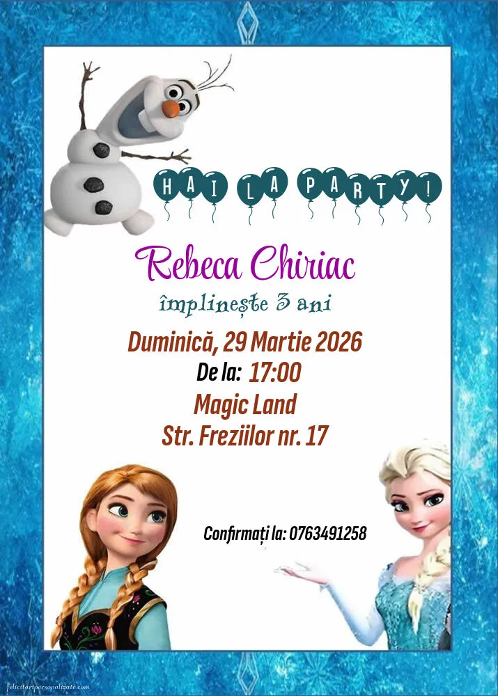 Exemplu completat: Invitație cu frozen