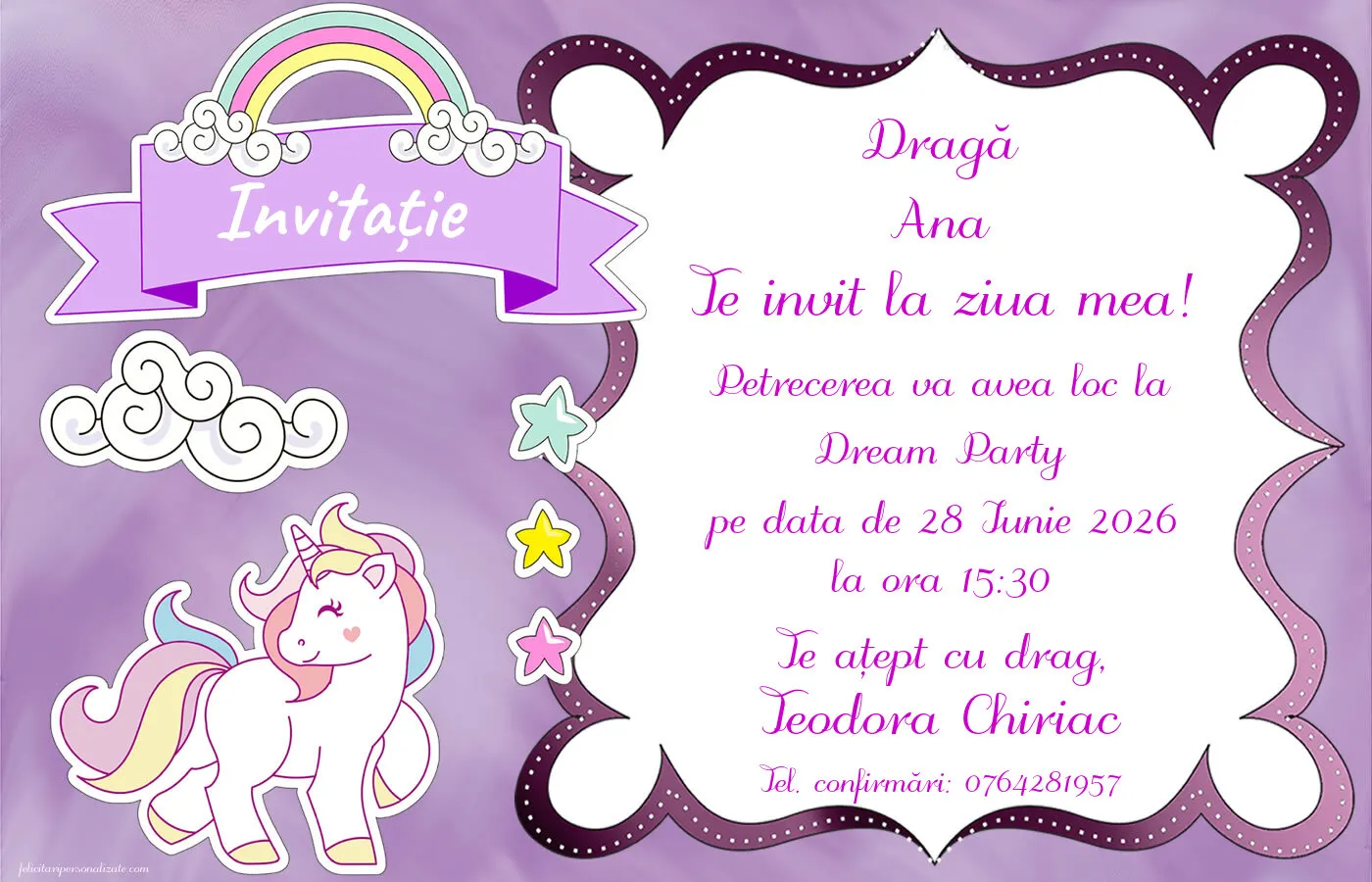 Exemplu completat: Invitație cu unicorn