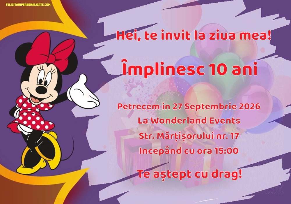 Exemplu completat: Invitație cu Minnie Mouse