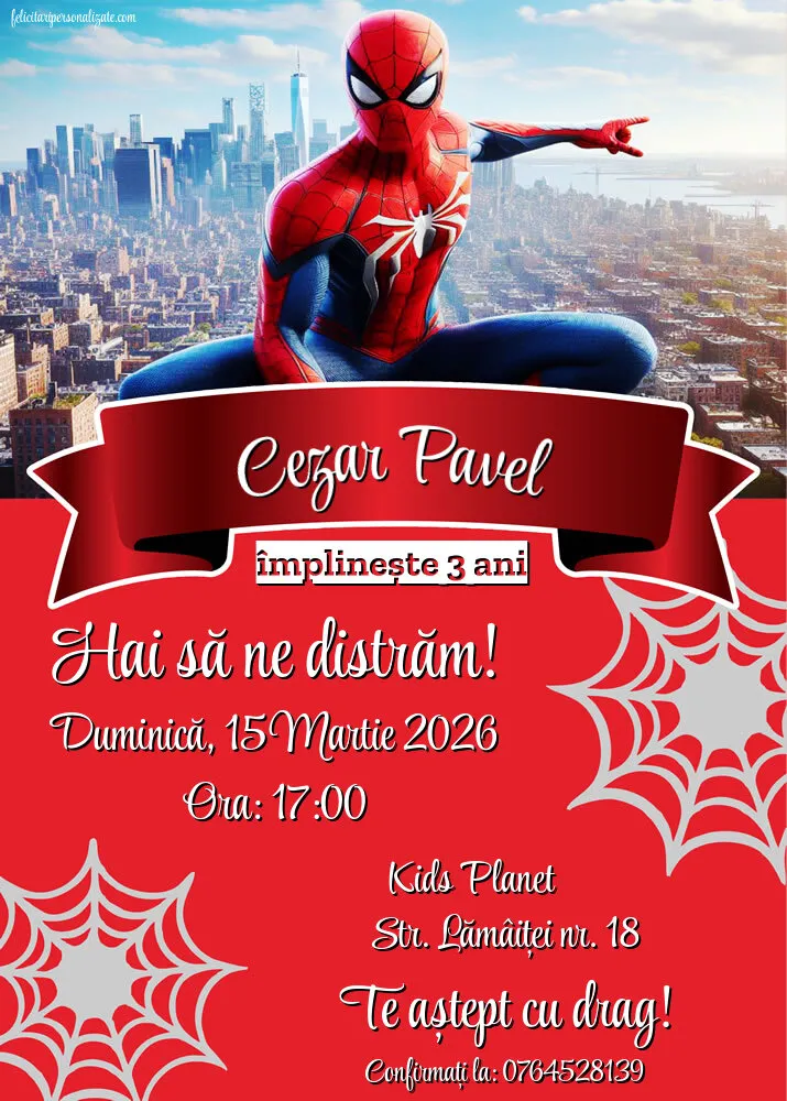 Exemplu completat: Invitație cu Spiderman