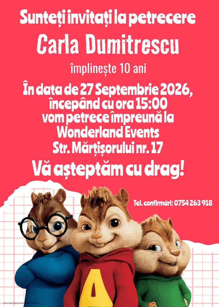 Exemplu completat: Invitație cu Alvin și veverițele
