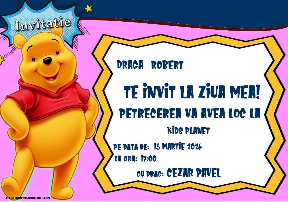 Exemplu completat: Invitație cu Winnie the Pooh