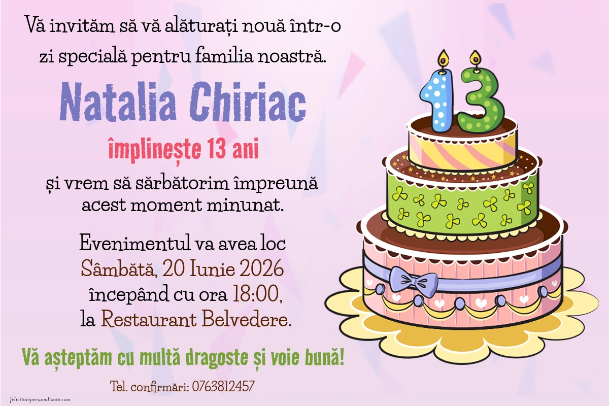 Exemplu completat: Invitație pentru 13 ani