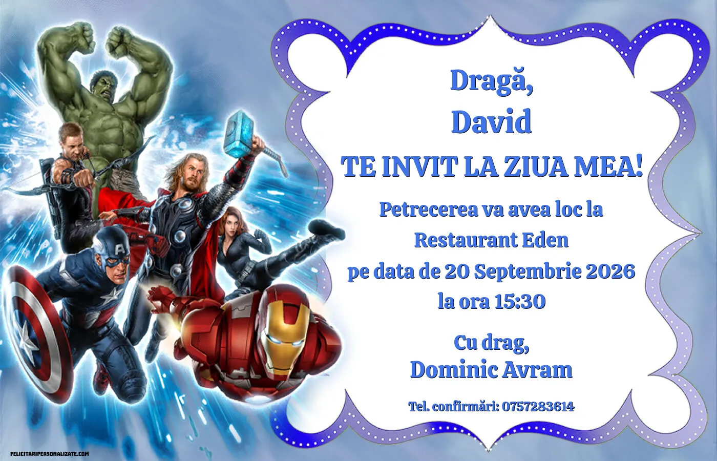 Exemplu completat: Invitație cu Avengers