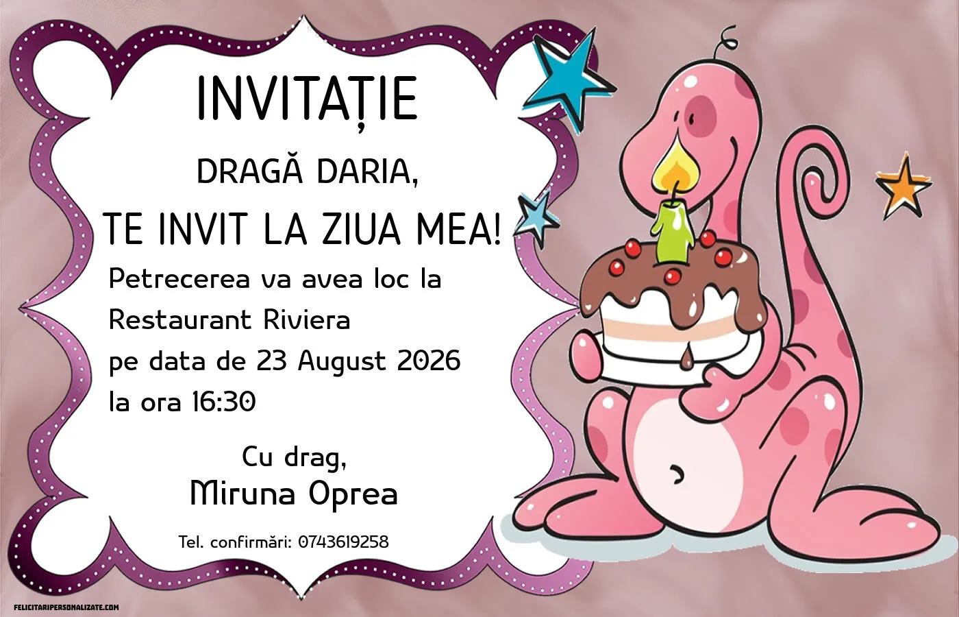 Exemplu completat: Invitație cu dinozaur
