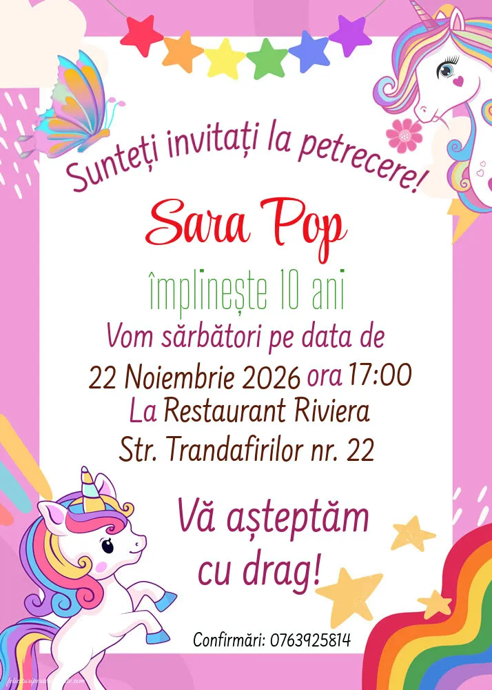 Exemplu completat: Invitație cu unicorn