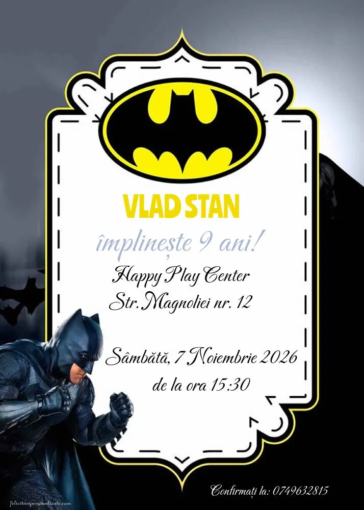 Exemplu completat: Invitație cu Batman