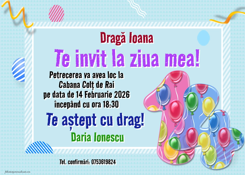 Exemplu completat: Invitație pentru 14 ani