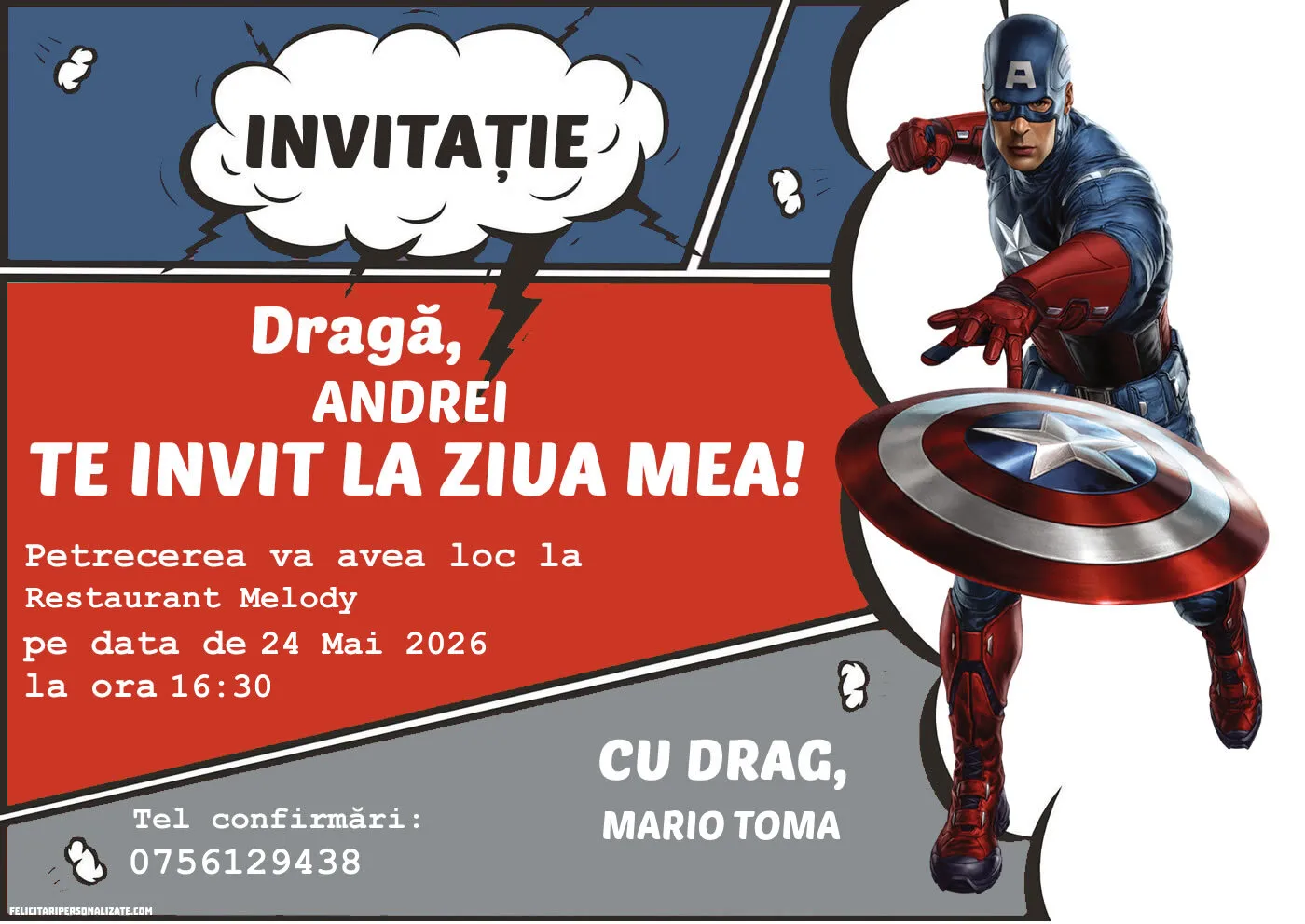 Exemplu completat: Invitație cu Captain America