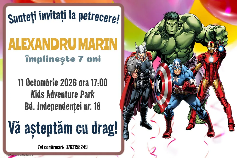 Exemplu completat: Invitație cu Avengers