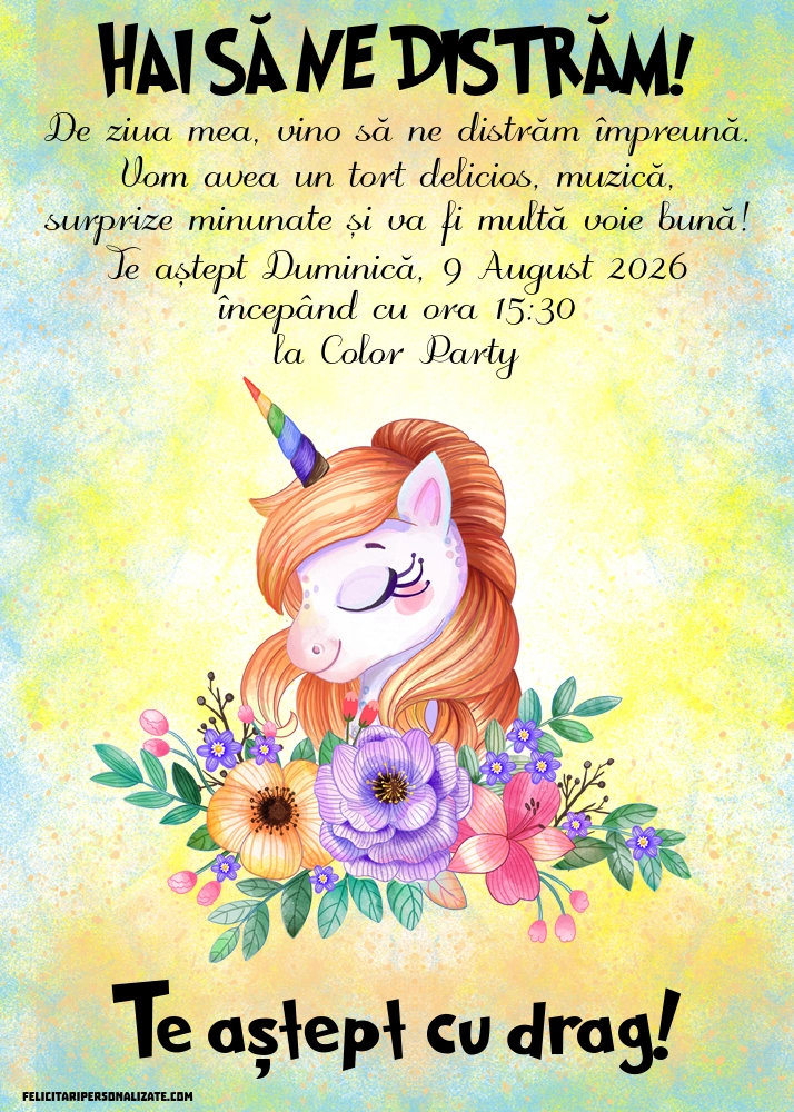 Exemplu completat: Invitație cu unicorn