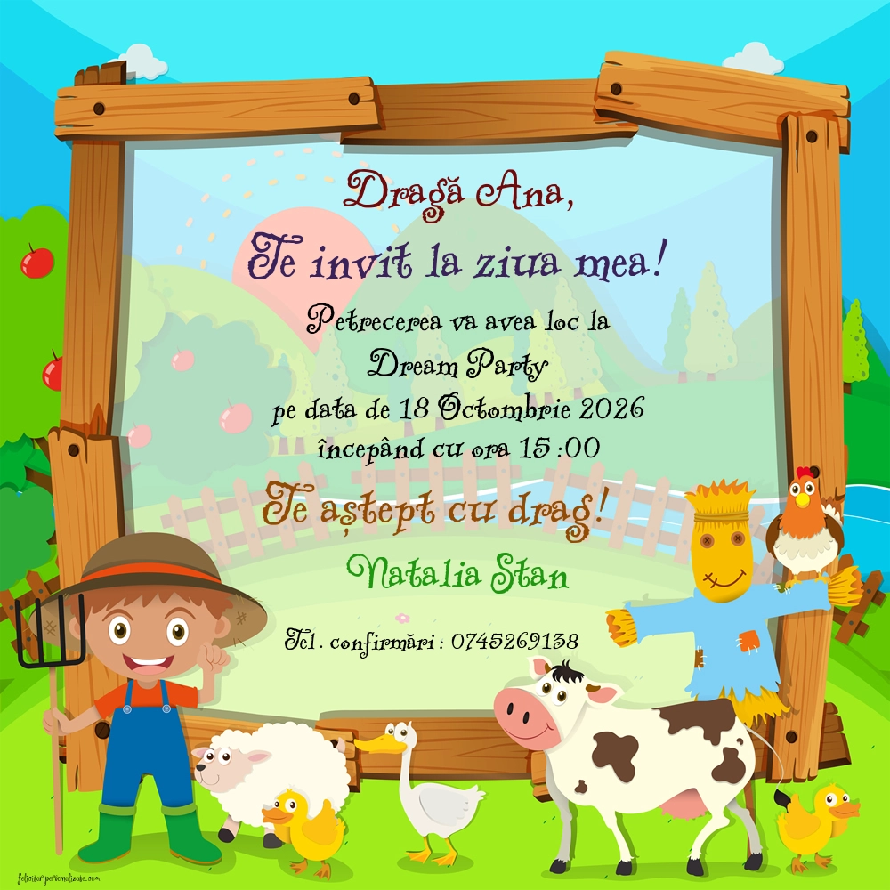 Exemplu completat: Invitație cu tema fermă