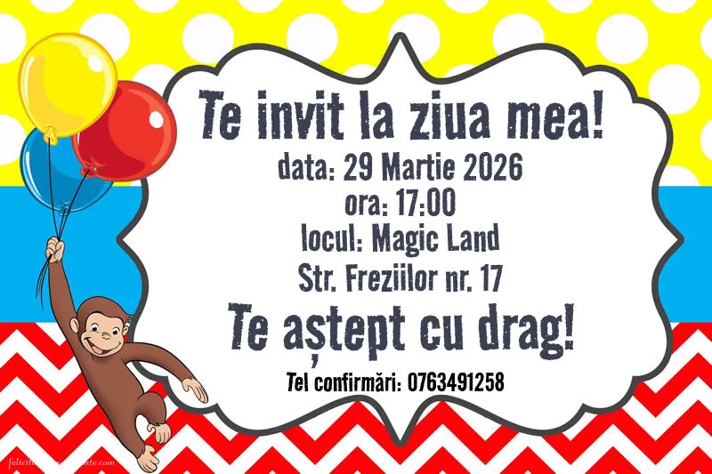 Exemplu completat: Invitație cu Curiosul George