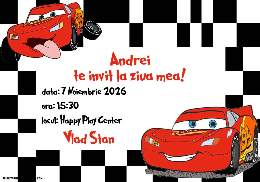 Exemplu completat: Invitație cu Cars