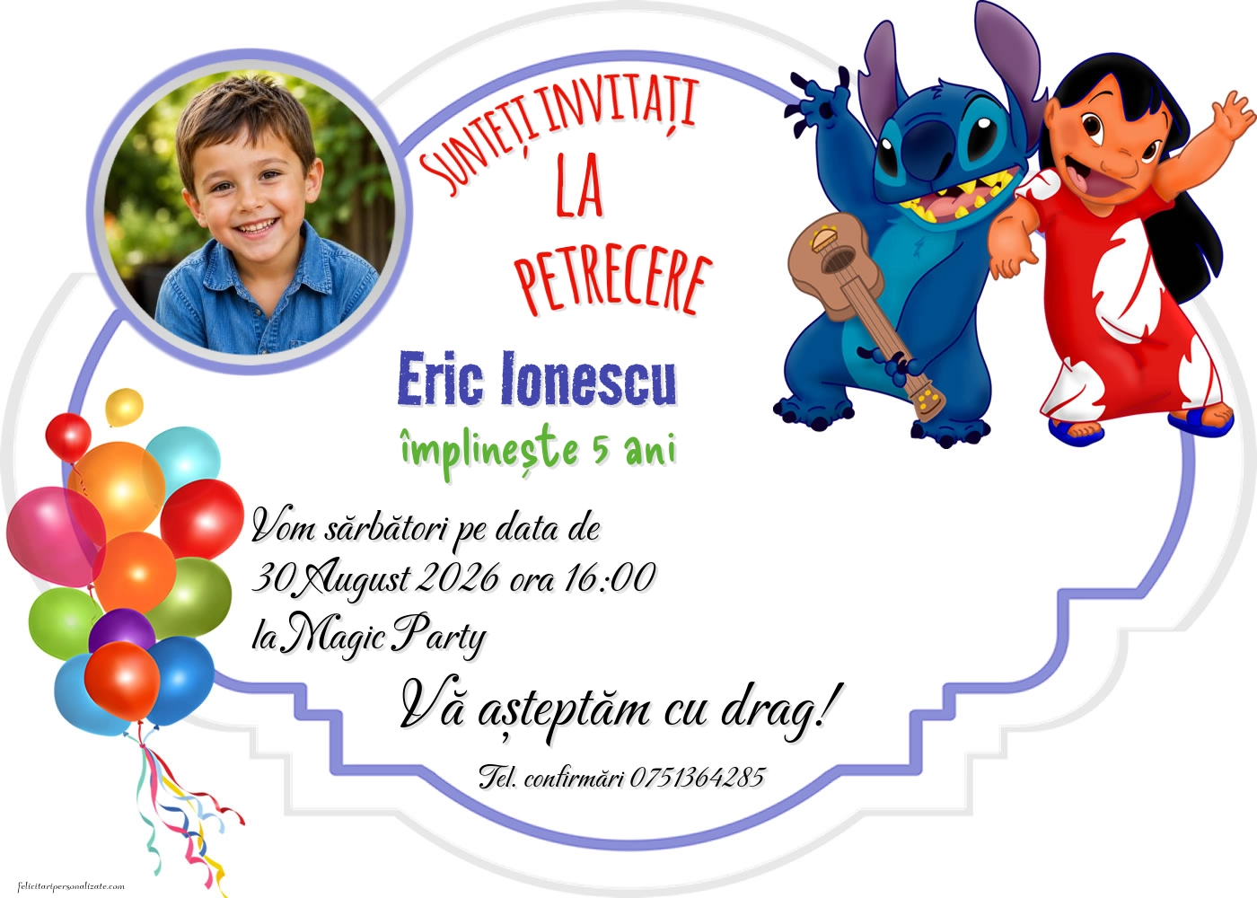 Exemplu completat: Invitație cu Lilo și Stitch