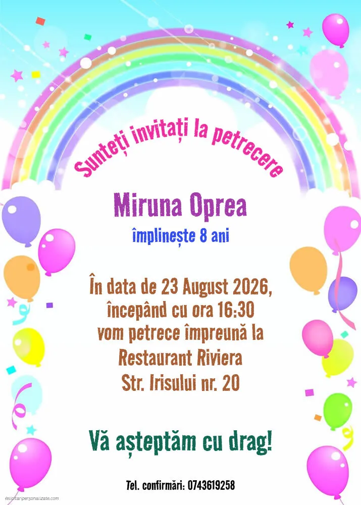 Exemplu completat: Invitație cu tema curcubeu