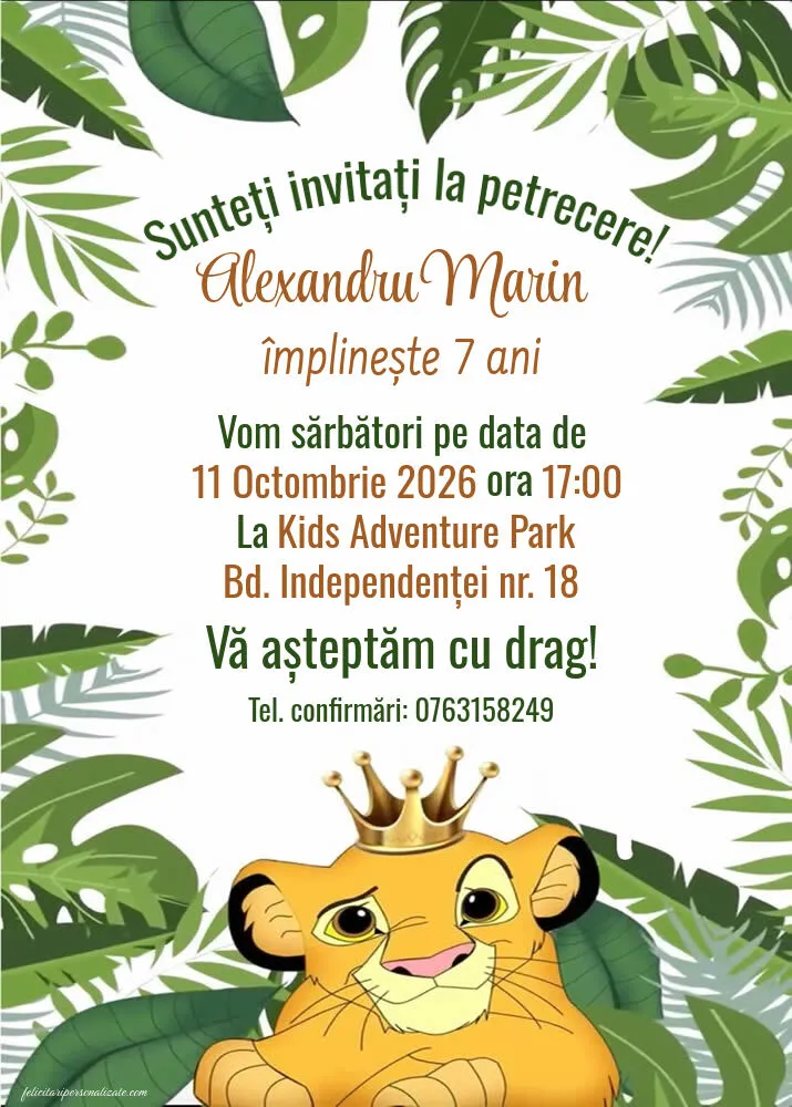 Exemplu completat: Invitație cu Simba