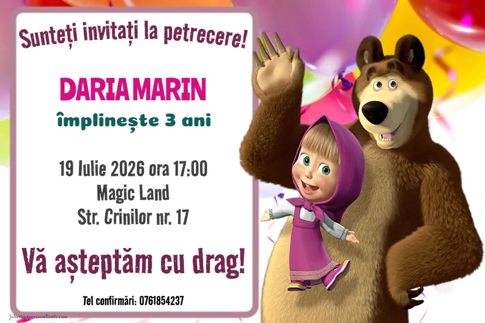 Exemplu completat: Invitație cu Masha și ursul