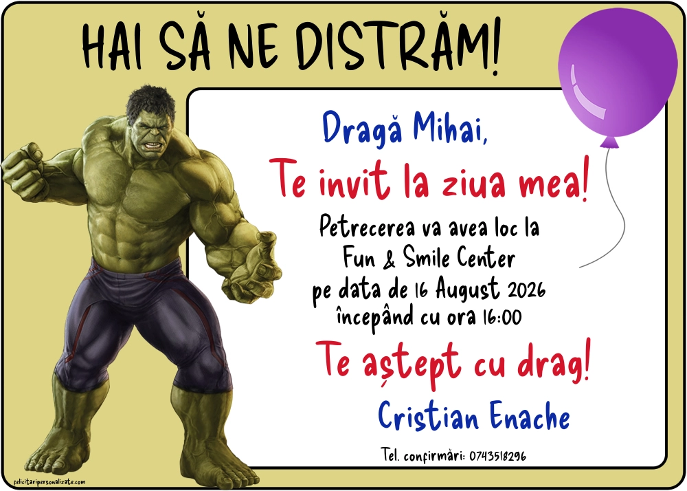 Exemplu completat: Invitație cu Hulk