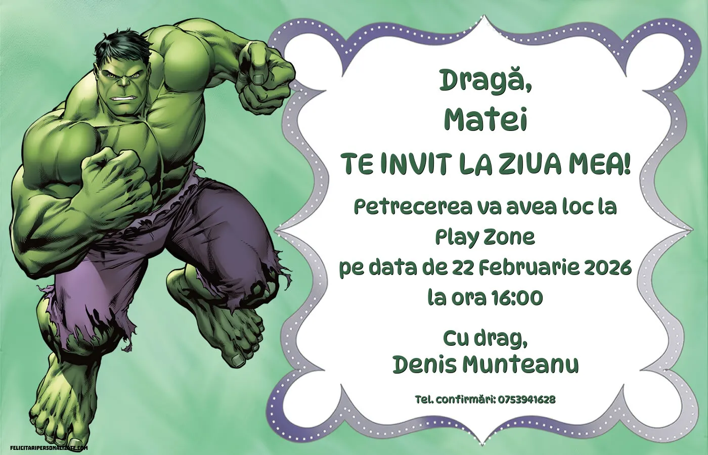 Exemplu completat: Invitație cu Hulk