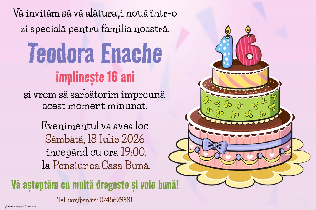 Exemplu completat: Invitație pentru 16 ani