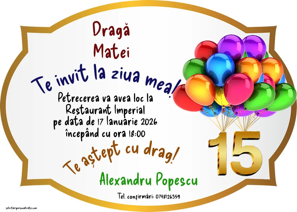 Exemplu completat: Invitație pentru 15 ani