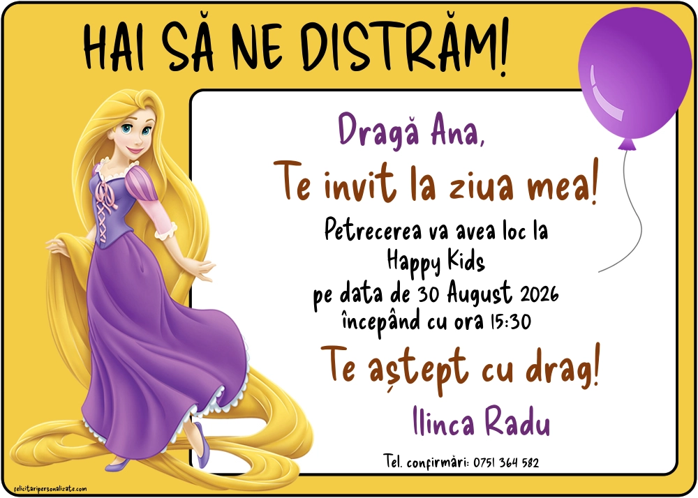 Exemplu completat: Invitație cu Rapunzel