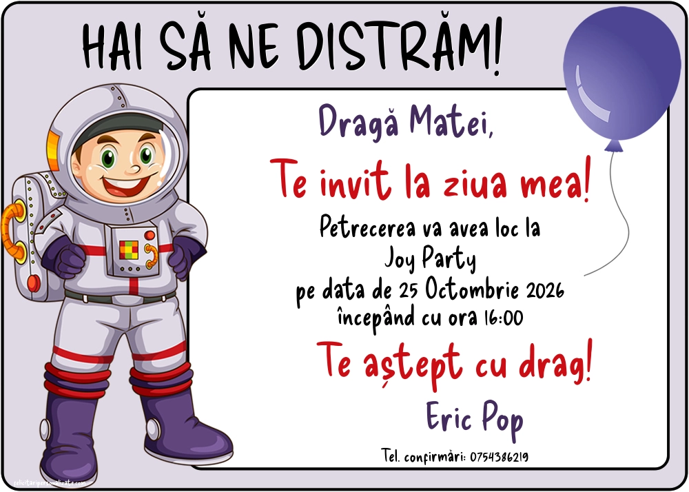 Exemplu completat: Invitație cu cosmonaut