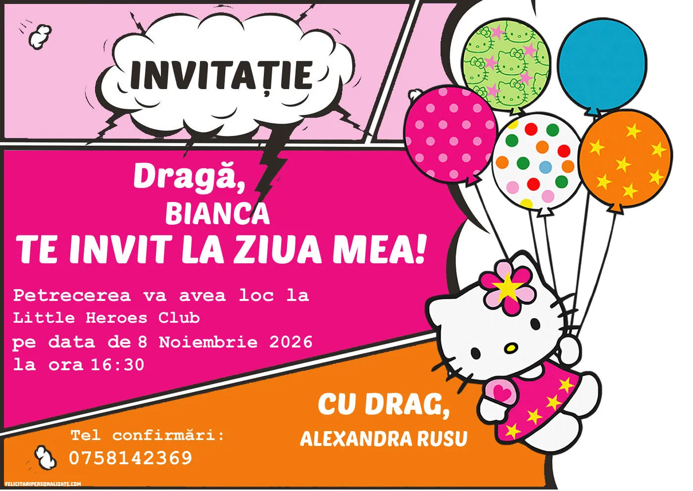 Exemplu completat: Invitație cu Hello Kitty