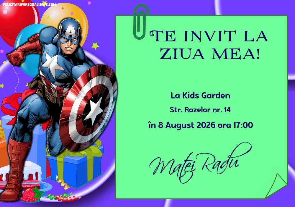 Exemplu completat: Invitație cu Captain America