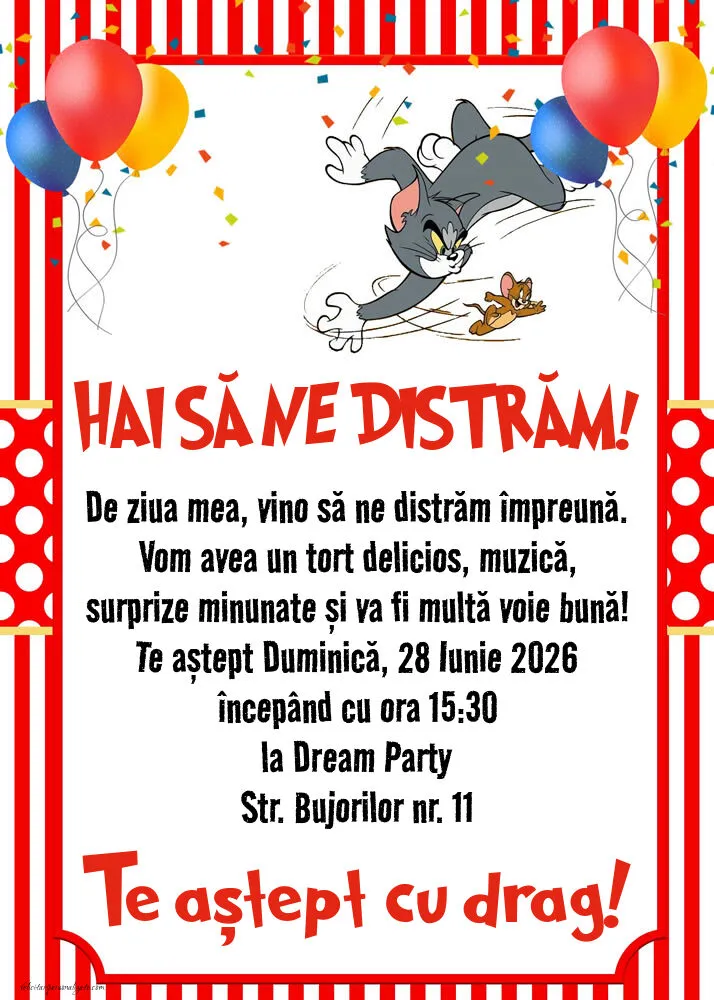 Exemplu completat: Invitație cu Tom și Jerry