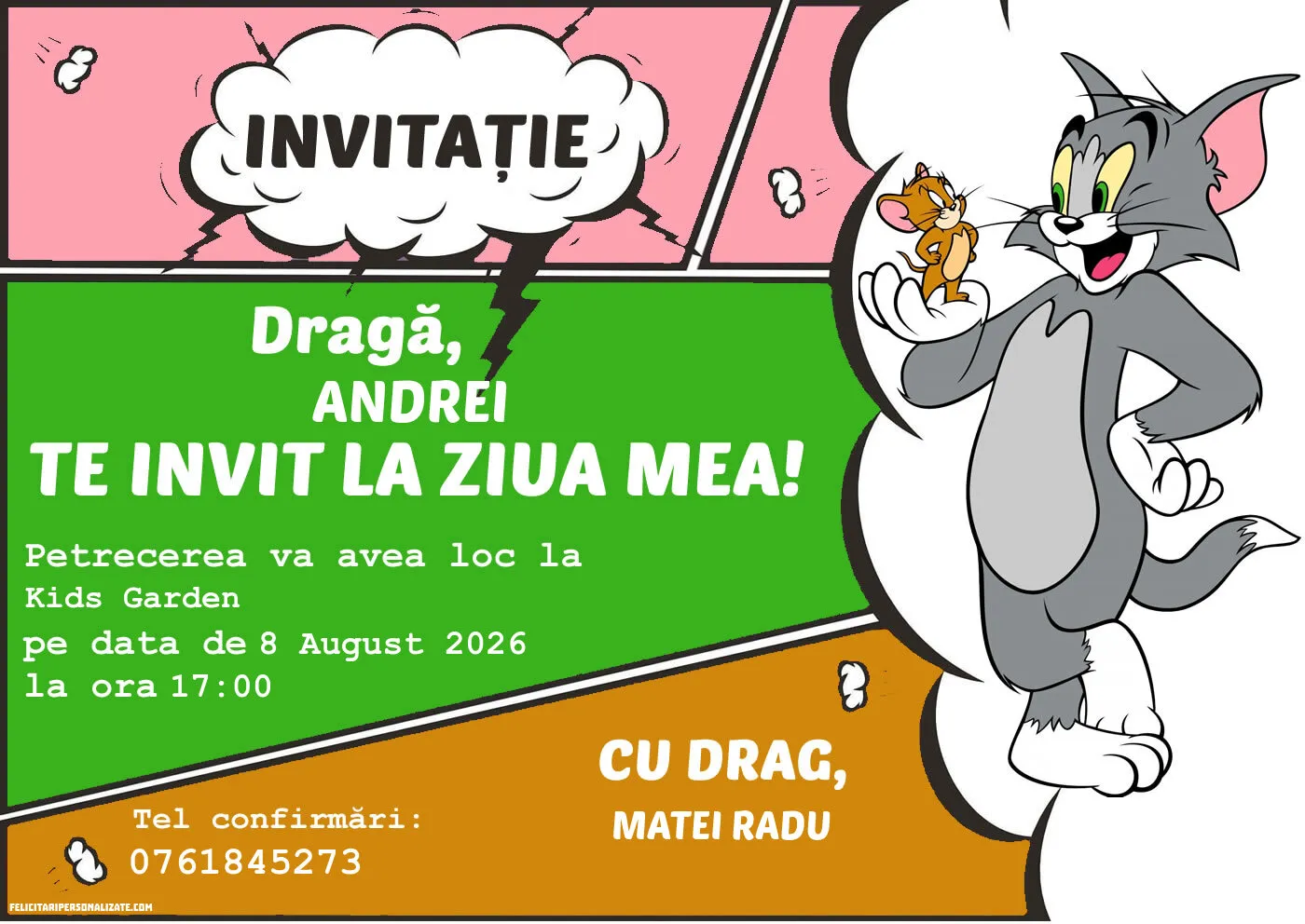 Exemplu completat: Invitație cu Tom și Jerry