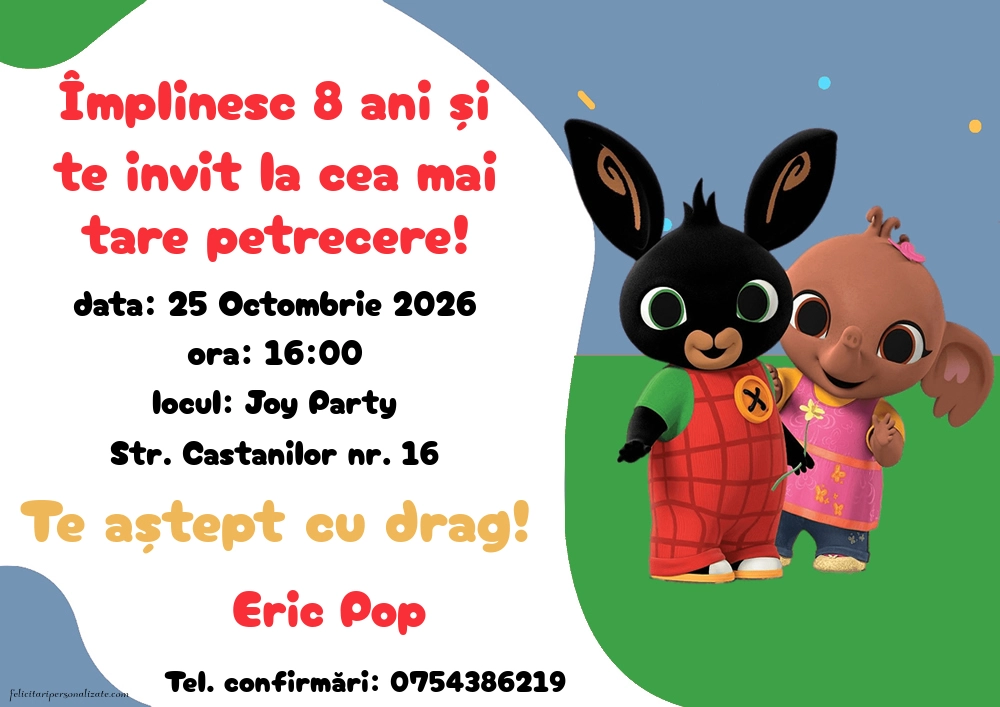 Exemplu completat: Invitație cu Iepurasul Bing și prietenii