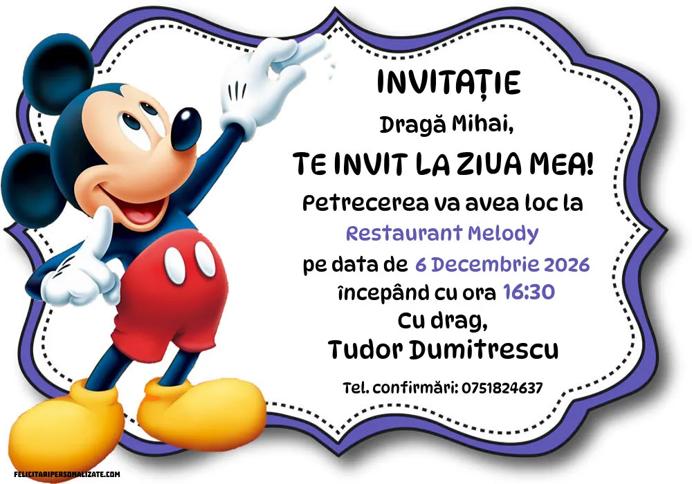Exemplu completat: Invitație cu Mickey Mouse