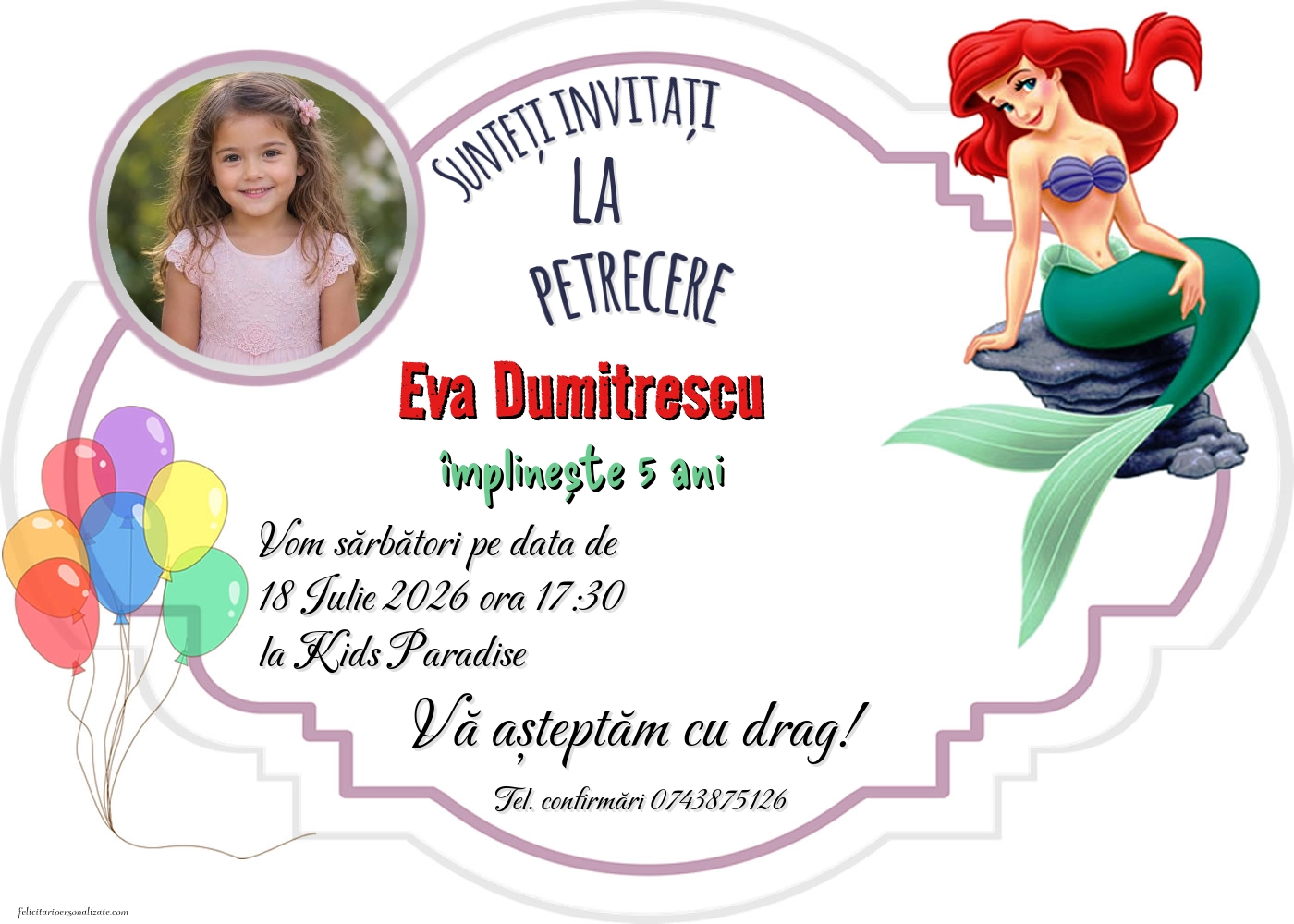 Exemplu completat: Invitație cu Ariel
