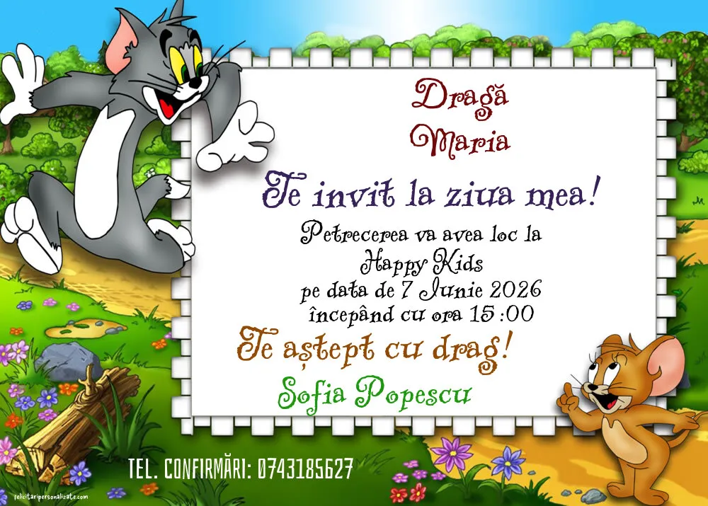 Exemplu completat: Invitație cu Tom și Jerry