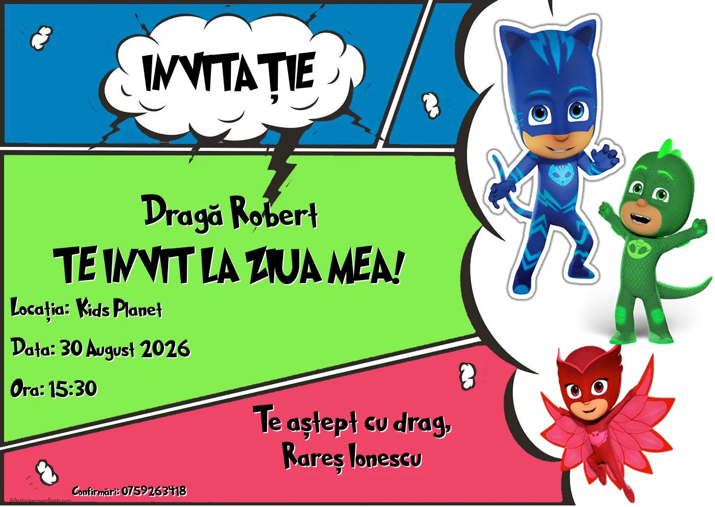 Exemplu completat: Invitație cu Eroi in pijamale