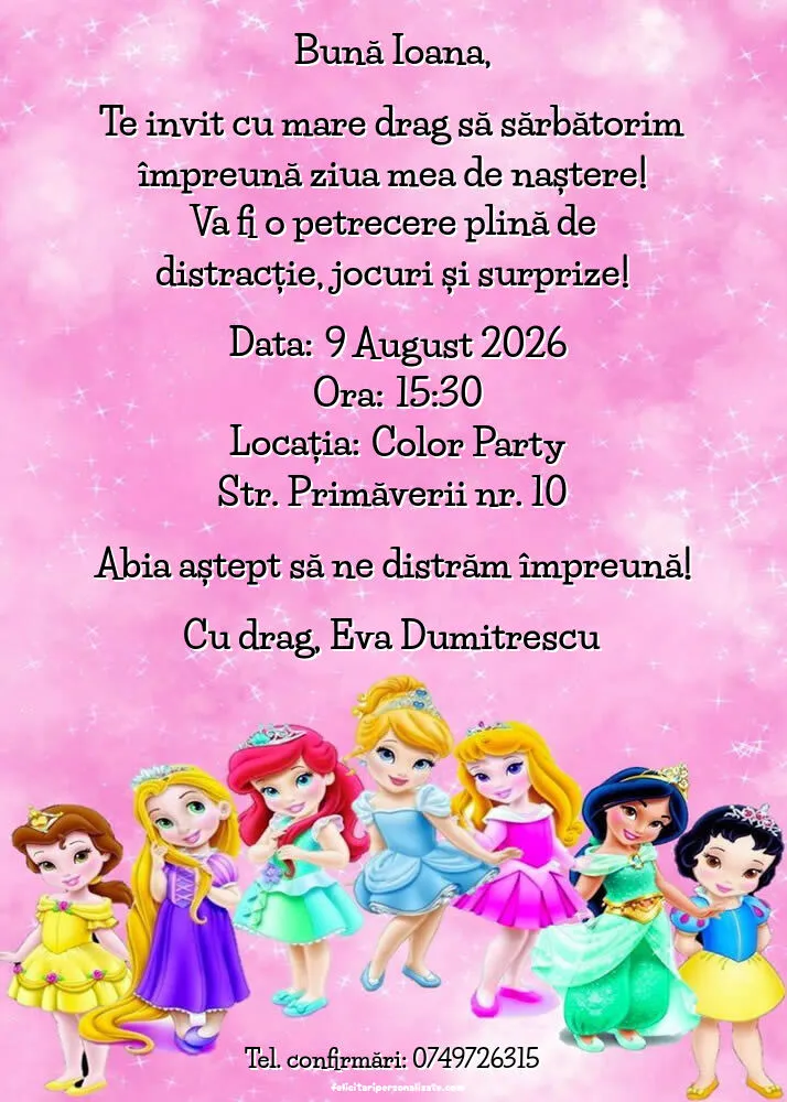 Exemplu completat: Invitație cu Prințese Disney