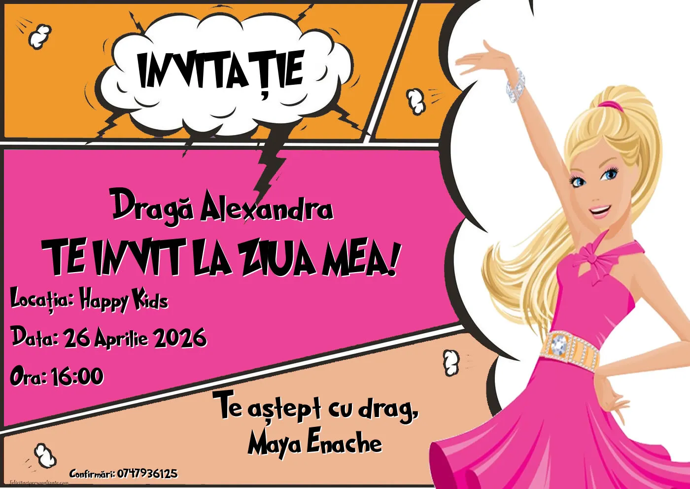 Exemplu completat: Invitație cu Barbie