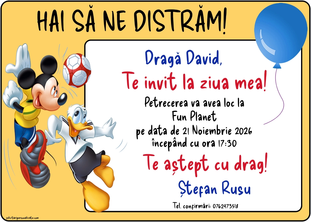 Exemplu completat: Invitație cu personaje din desene animate