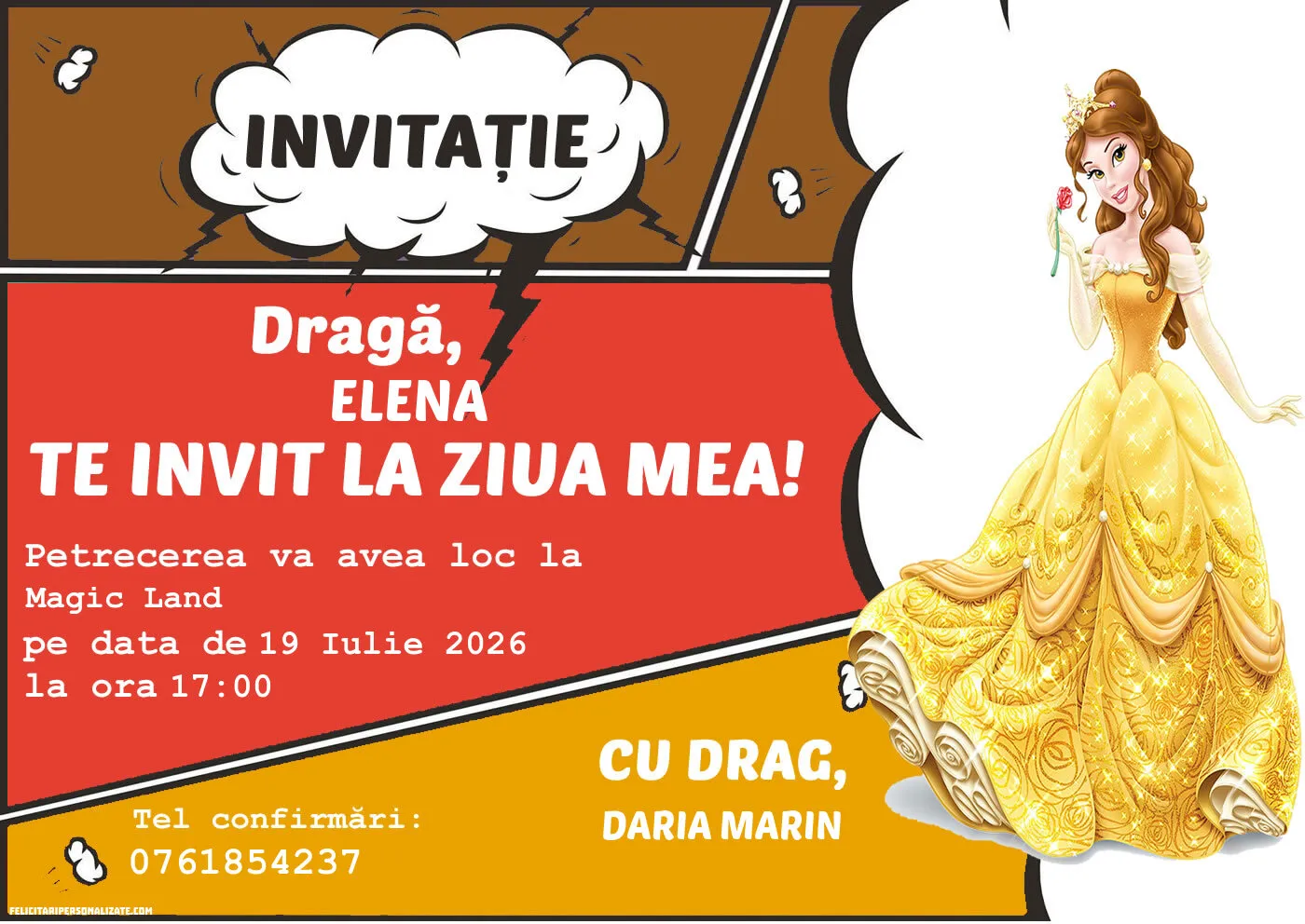 Exemplu completat: Invitație cu Belle