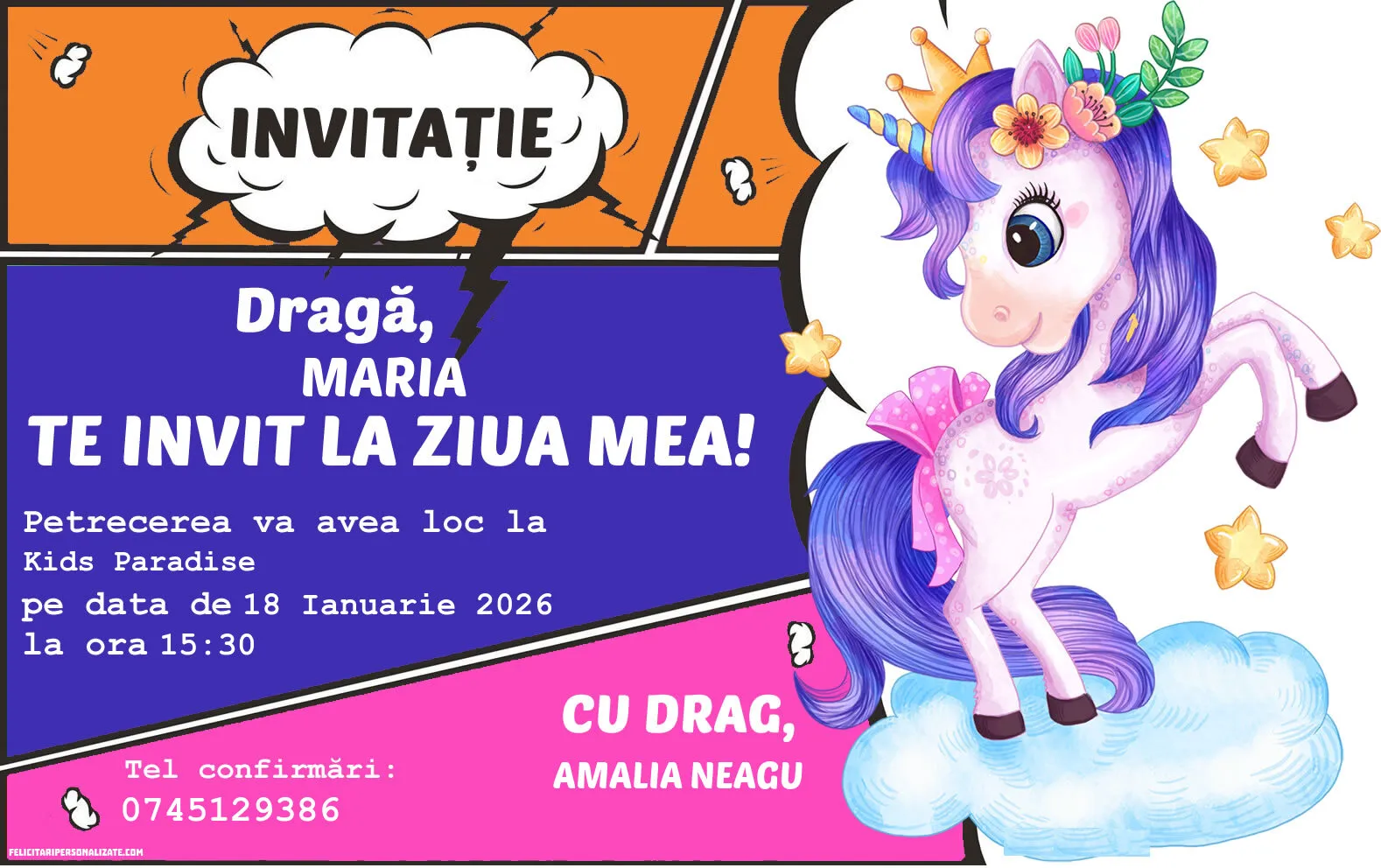 Exemplu completat: Invitație cu unicorn