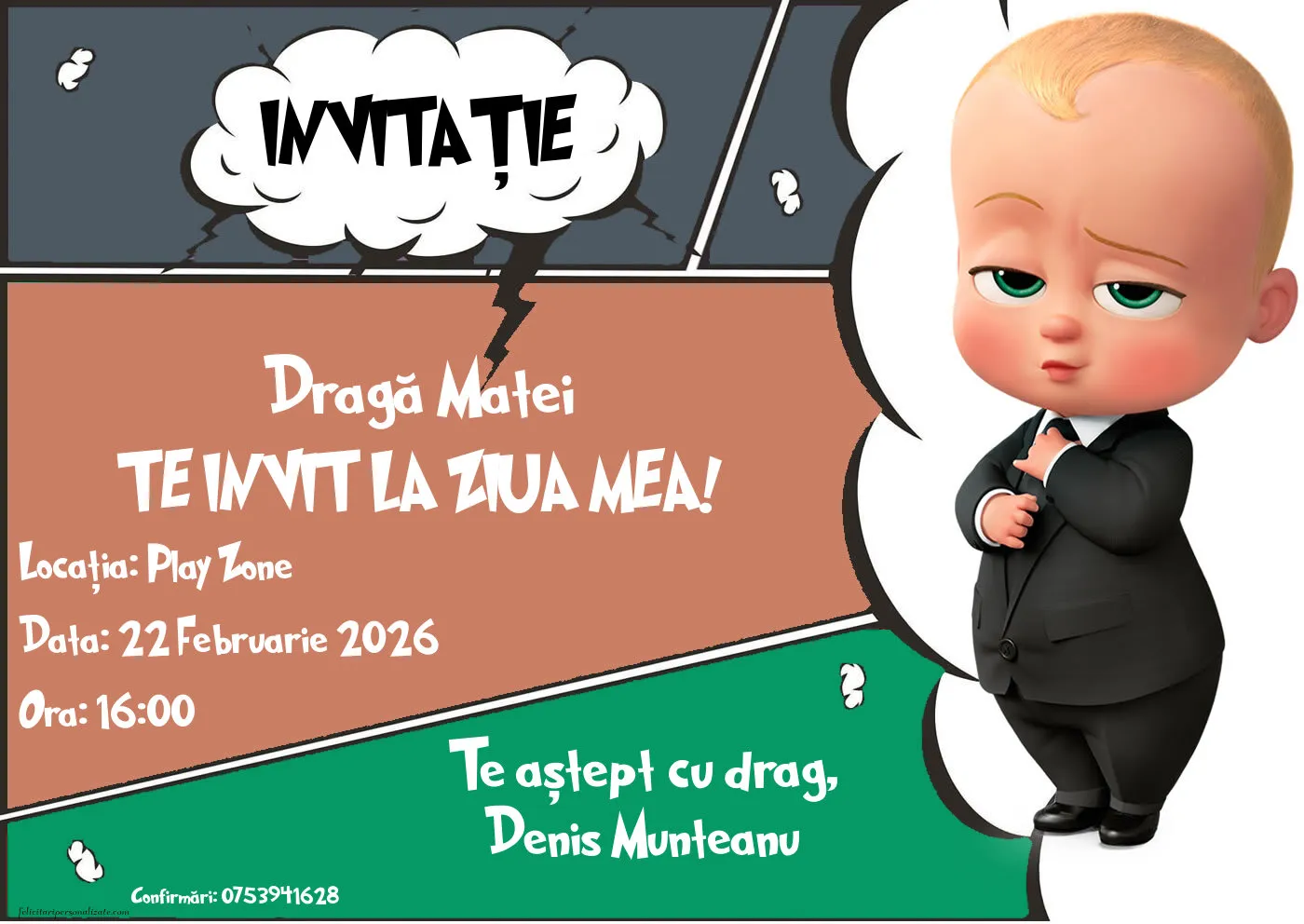 Exemplu completat: Invitație cu Baby Boss